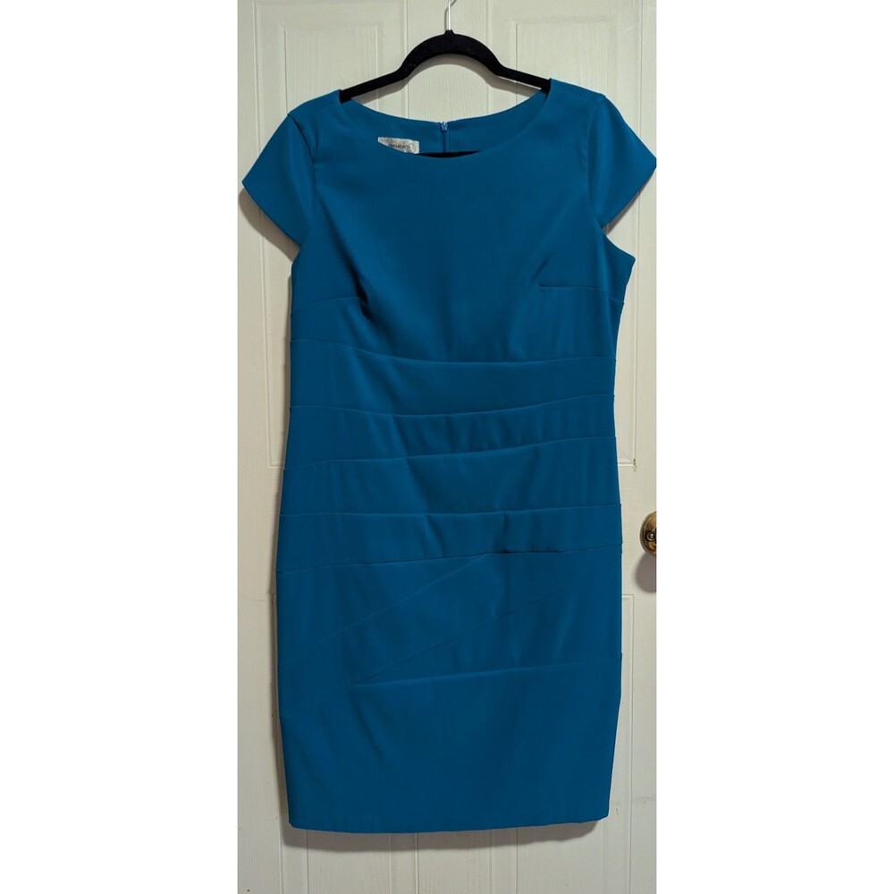 dressbarn Blue Solid Sheath Dress Boat Neck Cap Sleeve Knee Length 14 Zip Midi
